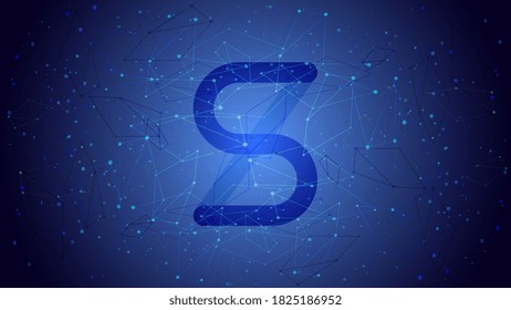 Synthetix Network Token SNX symbol of the DeFi project cryptocurrency theme on a blue polygonal background. Cryptocurrency logo icon. Decentralized finance programs. Vector EPS10.