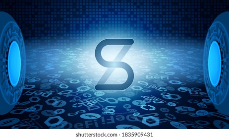 Símbolo Token SNX de red sintetix del sistema DeFi que brilla en los rayos de luz. Icono de logotipo de criptodivisa. Programas de financiación descentralizada. EPS10 vectores.