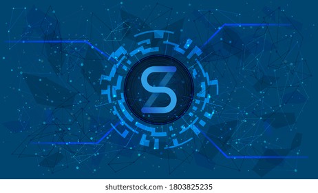 Synthetix Network Token symbol of the DeFi project in a digital circle with a cryptocurrency theme on a blue background. SNX cryptocurrency icon. Decentralized finance programs. Copy space. EPS10.