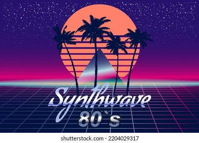 Synthwave 80 s retro banner vaporwave aesthetic background. Palms silhouette triangle grid 3d, sunset retrowave