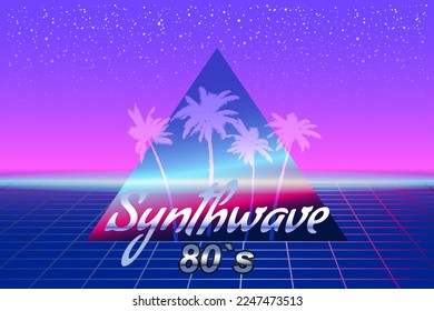 Synthwave 80 s retro banner vaporwave aesthetic background. Palms silhouette triangle grid 3d, sunset retrowave