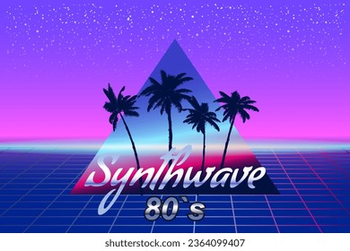 Synthwave 80 s retro banner vaporwave aesthetic background. Palms silhouette triangle grid 3d, sunset retrowave