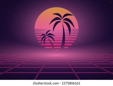 Synthwave 80s Retro Neon Landscape With Palm Tree