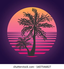 
Synthwave 80s retro neon landscape with palm tree