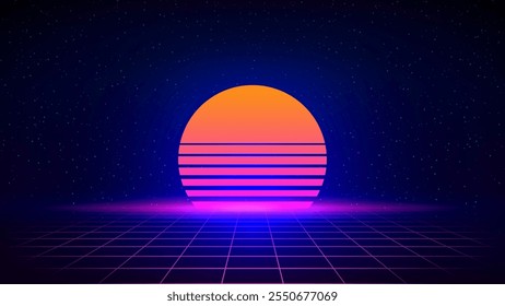 Synthwave fondo de los años 80. Estilo retro, color neón. Fondo azul oscuro futurista 3d, Plantilla digital geométrica de ciencia ficción. Fondo de cielo estrellado, malla, suelo de rejilla, sol, luna. Ilustración vectorial