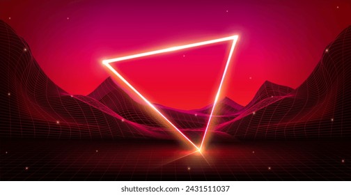 Synthwave background with abstract grid mountain landscape and bright glowing neon triangle. Realistic vector illustration of new retro wave style backdrop for music cover or retrofuturistic banner.