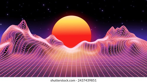 Synthwave background with abstract neon glow grid mountain landscape with gradient sun on sunset. Realistic vector illustration of new retro wave backdrop. Cyberpunk vaporwave geometric banner.