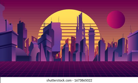 Synthwave Background With Futuristic And Abstract City At Sunset.

