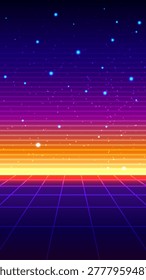 Synthwave background with neon retro grid and glowing sunset in 80s aesthetic style for digital landscape and music cover design