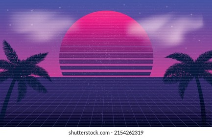 Synthwave background with Retro Sun, palms and clouds. Retro Neon abstract background template. Vector illustration