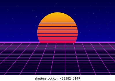 Plantilla de fondo de la onda de síntesis. El fondo de la puesta de sol retro de los años 80 y 90. El paisaje de la red de luz de neón. Retroonda vintage. Papel de pared de la ola futurista de vapor. Rave party. Púrpura, azul, naranja. Ilustración vectorial. 