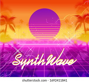 Synthwave cyber landscape with laser grid