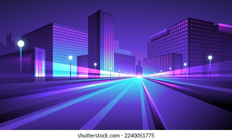 Synthwave cyberpunk city. Night street with road and business buildings.