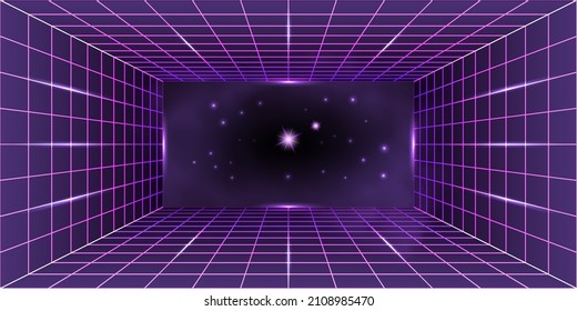 Synthwave cyberpunk neon  background, 3d perspective room grid, portal gate to galaxy space with nebula and glowing stars. Glowing light effect, night disco design, abstract vector illustration