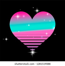Synthwave/ cyberpunk style heart icon, inspirated by 1980s-1980s computer games graphics. Logotype or music cover/ poster template.