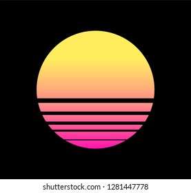 Synthwave/ cyberpunk Sun, inspirated by 1980s-1980s computer games graphics. Logotype or music cover/ poster template.