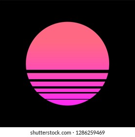 Synthwave/ cyberpunk Sun, inspirated by 1980s-1980s computer games graphics. Logotype or music cover/ poster template.