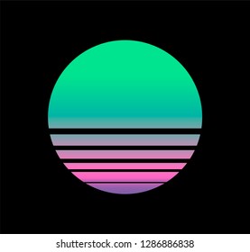 Synthwave/ cyberpunk Sun, inspirated by 1980s-1980s computer games graphics. Logotype or music cover/ poster template.