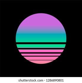 Synthwave/ cyberpunk Sun, inspirated by 1980s-1980s computer games graphics. Logotype or music cover/ poster template.