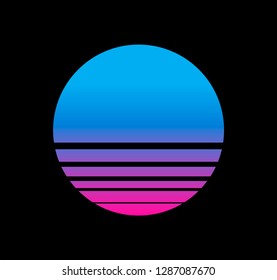 Synthwave/ cyberpunk Sun, inspirated by 1980s-1980s computer games graphics. Logotype or music cover/ poster template.