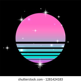 Synthwave/ cyberpunk Sun on starry sky, inspirated by 1980s-1980s computer games graphics. Logotype or music cover/ poster template.