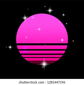 Synthwave/ cyberpunk Sun on starry sky, inspirated by 1980s-1980s computer games graphics. Logotype or music cover/ poster template.