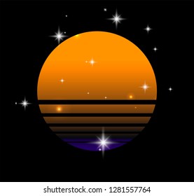 Synthwave/ cyberpunk Sun on starry sky, inspirated by 1980s-1980s computer games graphics. Logotype or music cover/ poster template.