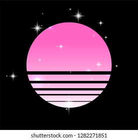 Synthwave/ cyberpunk Sun on starry sky, inspirated by 1980s-1980s computer games graphics. Logotype or music cover/ poster template.