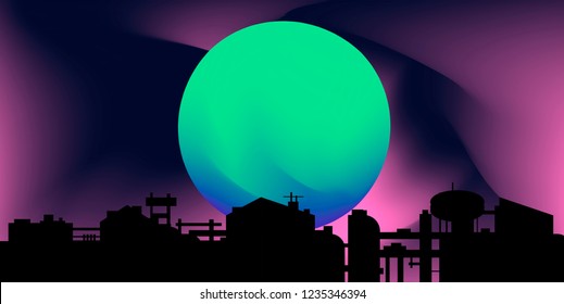 Synthwave/ Cyberpunk Urban Landscape. Full moon on Pale Blue Sky and Cityscape Silhouette. Background Illustration  in 80's-90's Cartoon/ Anime Style. 