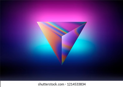 Synthwave/ cyberpunk vector illustration of levitating and glowing in the dark mysterious holographic prism.