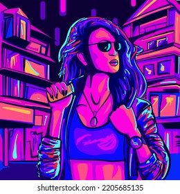 Synthwave Digital Art Of A Young Woman In A City Under Neon Lights. Cityscape Illustration Of A Girl With Sunglasses. Disco And 80s Music Concept.