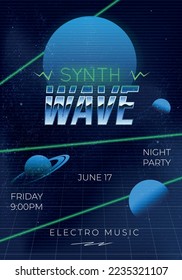 Synthwave, Electronic music poster design. Abstract retro futuristic cover, flyer design. Retro 80's design. Vector illustration