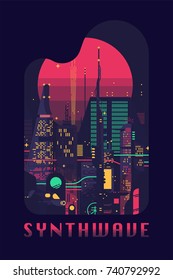 Synthwave flat vector concept design. Retro futuristic poster template on 80s style sci-fi. Vector flat design on dark dystopian megalopolis with neon lights, huge skyscrapers and gigantic sun disc