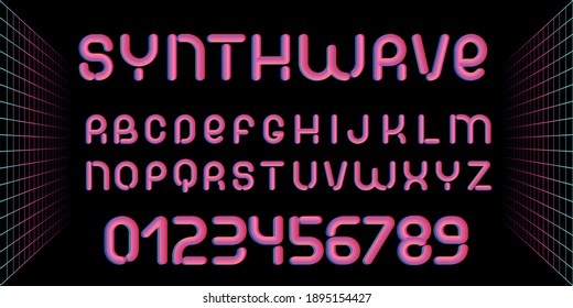 Synthwave font. Letters of 70s-80s aesthetics. Vector alphabet in retro futurism style.