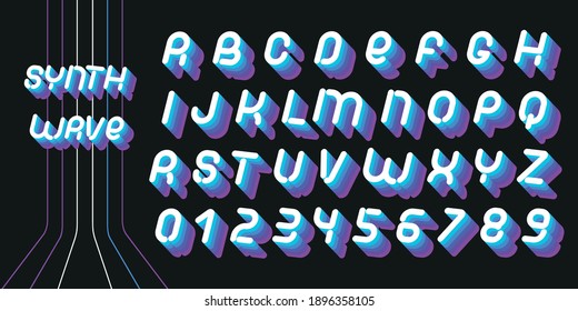 Synthwave font. Letters of 70s-80s aesthetics. Vector alphabet in retro futurism style.