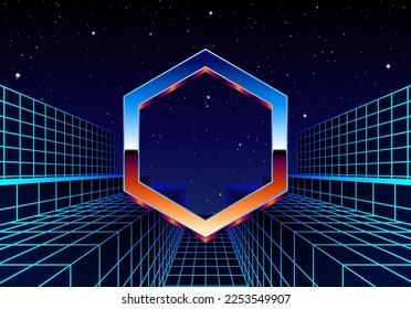 Synthwave frame with chrome hexagon and 80s styled synthwave arcade game landscape.