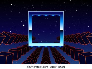 Synthwave frame with chrome square and 80s styled synthwave arcade game landscape