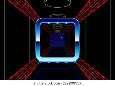 Synthwave frame with chrome square and 80s styled synthwave arcade game landscape.