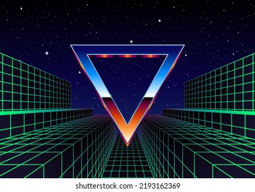 Synthwave Frame With Chrome Triangle And 80s Styled Synthwave Arcade Game Landscape.