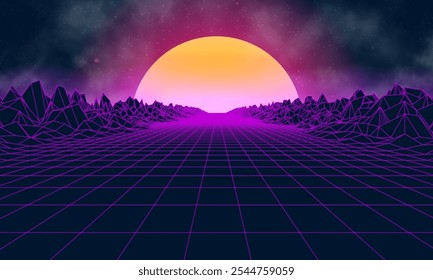 Synthwave futuristic landscape. 80s retro neon concept. Vector illustration.