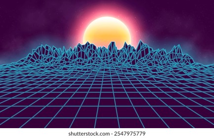 Synthwave futuristic landscape. 80s retro neon concept. Vector illustration.