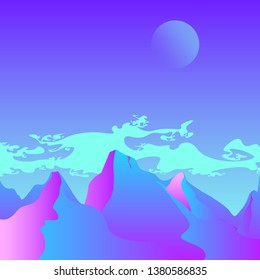 synthwave gradient illustration with moon, mountains and clouds