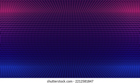 Synthwave Grid. Grid Frame Retrowave Party Flyer Background. Round Wall Mesh Backdrop. Abstract Digital Background. Vintage Computer Virtual Reality VR Tunnel Technology Vector Illustration.