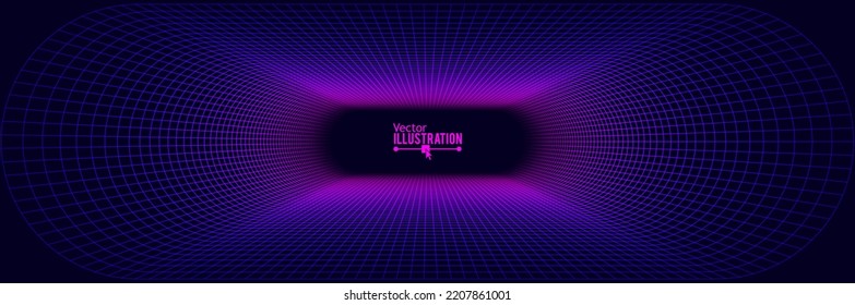 Synthwave Grid Tunnel. Grid Frame Retrowave Party Flyer Background. Round Tunnel Mesh Backdrop. Abstract Digital Background. Vintage Computer Virtual Reality VR Tunnel Technology Vector Illustration.