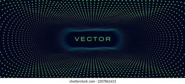 Túnel de la cuadrícula de ondas sintéticas. Fondo del volante de la fiesta de retozo del marco de cuadrícula. Fondo de malla de túnel redondo. Resumen de fondo digital. Ilustración del Vector de Tecnología de Túnel VR de Realidad Virtual de Computadora Vintage.