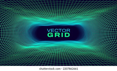 Túnel de la cuadrícula de ondas sintéticas. Fondo del volante de la fiesta de retozo del marco de cuadrícula. Fondo de malla de túnel redondo. Resumen de fondo digital. Ilustración del Vector de Tecnología de Túnel VR de Realidad Virtual de Computadora Vintage.