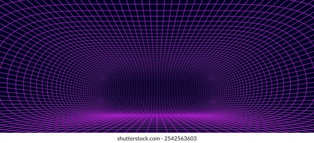 Synthwave Grid Tunnel. Grid Frame Retrowave Party Flyer Background. Round Tunnel Mesh Backdrop. Abstract Digital Background. Vintage Computer Virtual Reality VR Tunnel Technology Vector Illustration.