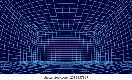 Synthwave Grid VR 3D Room with Fisheye Lens Effect. Grid Frame Retrowave Party Flyer Background. Abstract Digital Background. Vintage Computer Virtual Reality VR Tunnel Technology Vector Illustration.