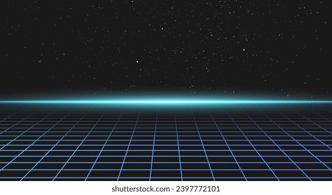 Synthwave landscape with grid, ray of light on the horizon and stars in the background. 80's galaxy skyline. Laser geometric 3D graphic. 90s outrun design. Cyberpunk vibes. Futuristic neon layout.