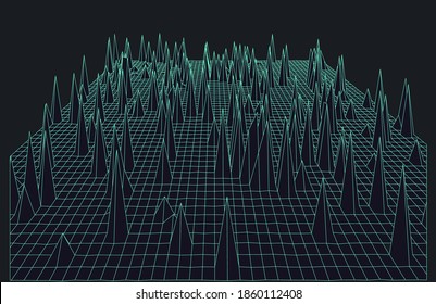 Synthwave-Landschaft mit unendlichem Lasergitter. Die Ästhetik von Retro 80er und 90er Jahren.